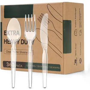 Heavy Duty Plastic Cutlery Set, 360 Count Disposable Cutlery Set with Clear Forks Spoons and ,  Heat Resistant Silverware, Plasticware Bulk for Parties, Catering, Picnic