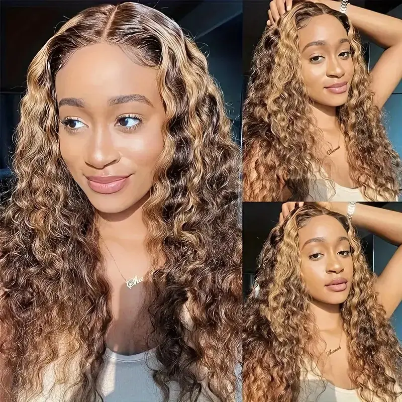 Water Wave P4/27 Wear And Go Glueless Wigs 5x5 Human Hair Pre Plucked Pre Cut No Glue Lace Front Wigs Human Hair HD Frontal Wigs Human Hair Ombre Highlight Honey Blonde Lace Front Wig  200%