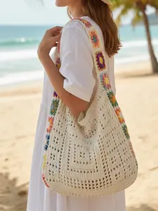 Women's Handmade Bohemian Ethnic Style Large Capacity Commuter Floral Tote Bag, Hollow Knit Design Shoulder Bag, Fashion Handbag for Beach Travel, Crochet Tote Bag
