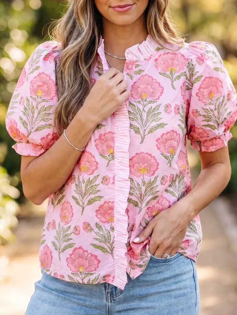 Pink Sweet Blooms Ruffle Striped Trim Puff Sleeve Shirt