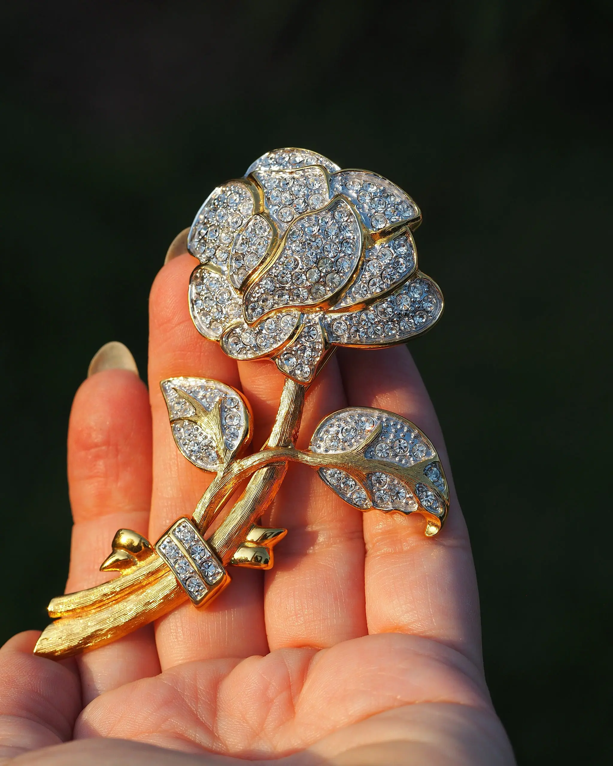 Vintage Nolan Miller Oversized Rhinestone Rose Brooch Gold-Tone 1980s 4 Inch