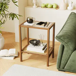 Bamworld Rattan Side Table Living Room Glasstop Night Stand Boho End Table 2-Tier with Storage Mid Century Modern Bedside Table for Small Spaces Narrow Coffee Table Bamboo