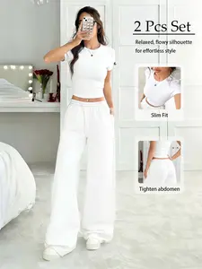 Women Basic Solid Slim Fit Short Sleeve Crop Top & Wide Leg Pants Two Piece Set, Womenswear, High Waist Tummy Control, Soft Flowy Breathable Fabric, Perfect for Daily Outings, Casual Sports & Relaxing at Home
