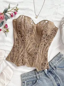 LUSHLACE Sexy Avant-Garde Double-Layer Khaki Corset Bustier Hollow Embroidered