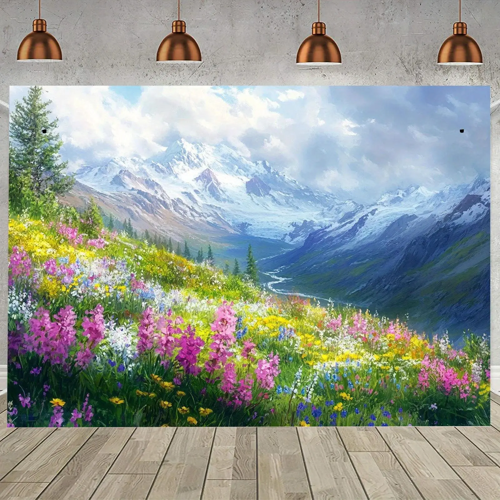 Durable Polyester Photorealism Landscape Banner Backdrop - Uncorded Indoor Nature Decor, Misty Alaskan Mountain Terrain, Vivid Wildflowers, Snow-Capped Peaks for Parties, Studio Photo Shoot Props