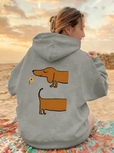 Cute Sausage Dog Graphic Hoodie, Casual Fitted Sweatshirt, Casual Fitted Pullover, Womenswear, Daily Wear, Fashionable for Fall & Winter, Party, Streetwear and Street Style