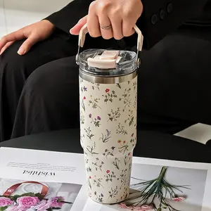 30oz Floral Print Insulated Cup, Dual-Layer Vacuum Flask, Large Capacity with Straw, Durable High-Style Gift for Birthday and Christmas