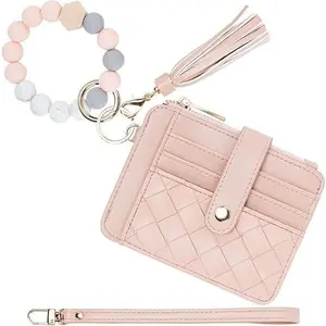 BYB9 Keychain Wallet with Bracelet RFID Blocking Wristlet Credit Purse Card Holder, Silicone Bead Tassel Key Ring for Women