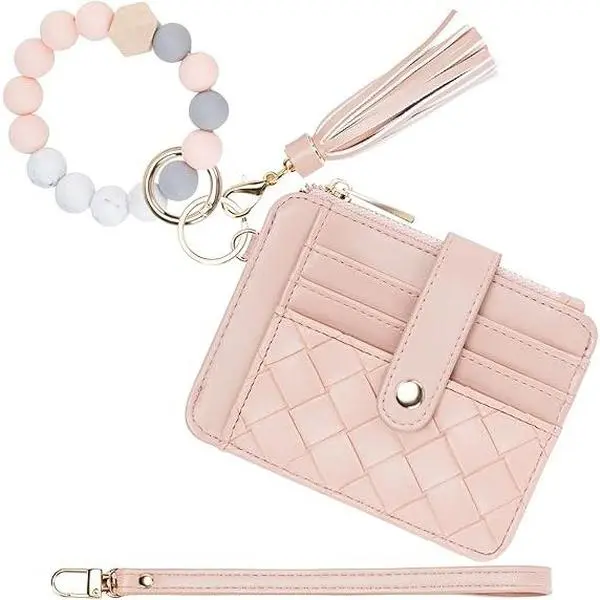 Women's Wristlet Purse, Handmade Plain PU Leather Wallet with Detachable Tassel Keychain, RFID Blocking Silicone Bead Bracelet