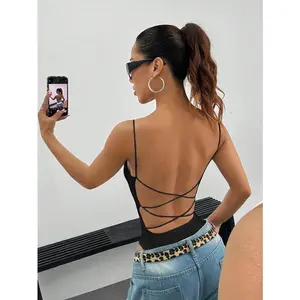 Backless Strappy Bodysuit with Spaghetti Straps, Women's Clothing Open Back One Piece, Tops �C Outfits - Womenswear