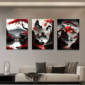 A set of 3 unframed oil paintings, including Mount Fuji and temples, etc., were created using the retro ink wash painting technique in black and white. These works are suitable for use as wall decorations in living rooms and bedrooms. With