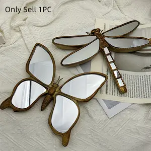 Vintage Gold Resin Butterfly Dragonfly Wall Mirror, Creative Glass Hanging Sculpture Art, Home Decor for Living Room, Bedroom