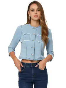 INSPIRE CHIC 3/4 Sleeves Frayed Chic Casual Collarless Jean Cropped Denim Jacket