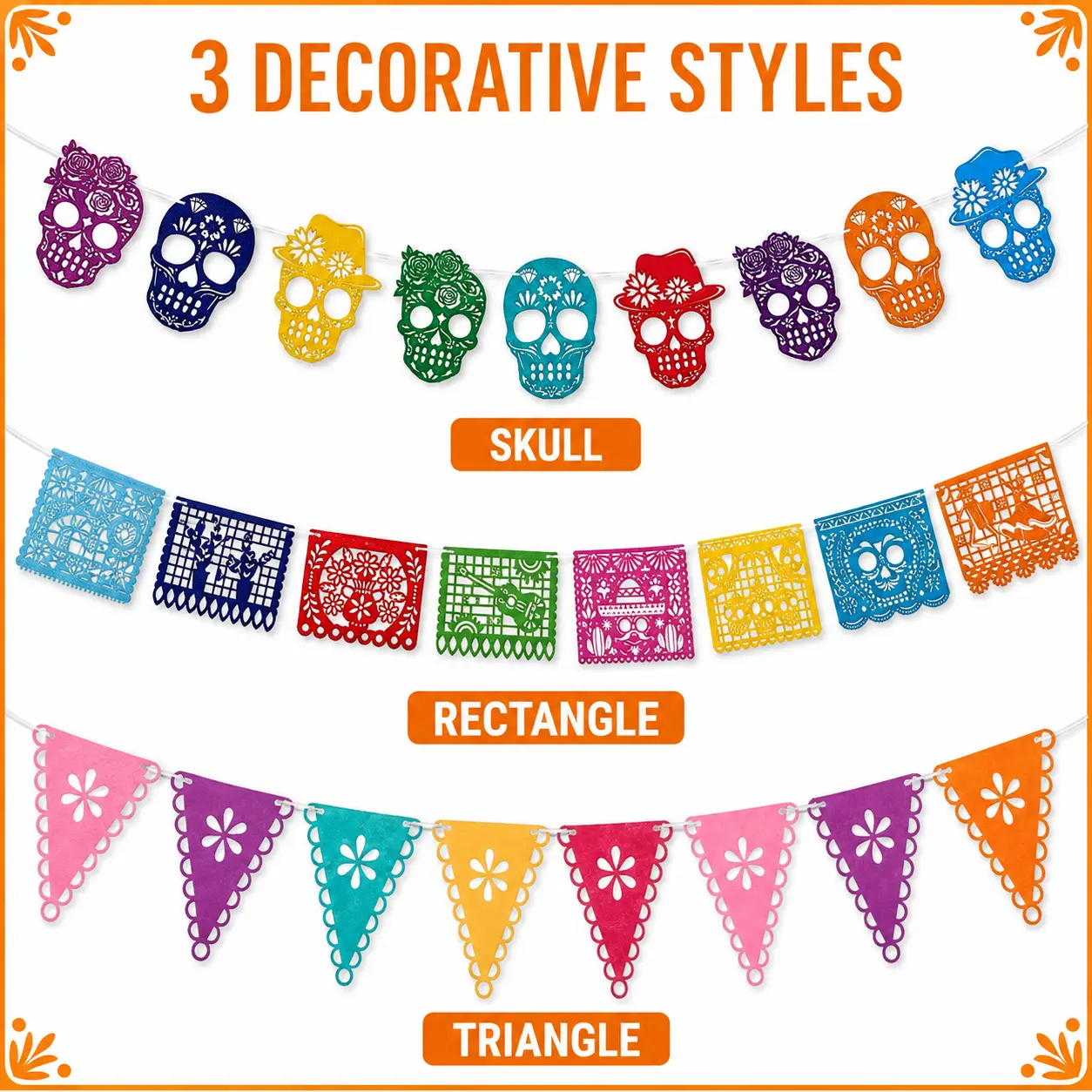 Day of the Dead Decorations, Día de los Muertos Felt Banner, Colorful Sugar Skull Garland, Mexican Papel Picado Party Decor, Ofrenda Altar Hanging Banner