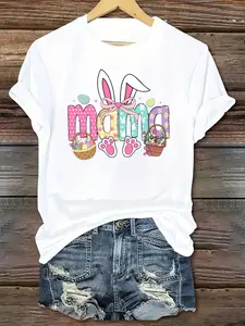 Women's Easter Bunny & "MAMA" Graphic Casual T-Shirt - Short Sleeve Round Neck Tee with Colorful Letter Print, Cupcake & Egg Design, Machine Washable for Spring Celebrations & Casual Attire, Seasonal Clothing, Festive Style, Comfortable Fabric, Holiday Ap