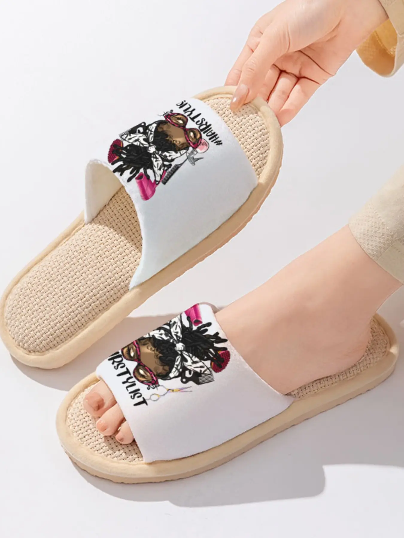 Hairstylist Career Print | Personalized Style 1 Pair Linen Breathable Non-Slip Indoor & Outdoor Slippers For Hairdressers (Spring & Summer)