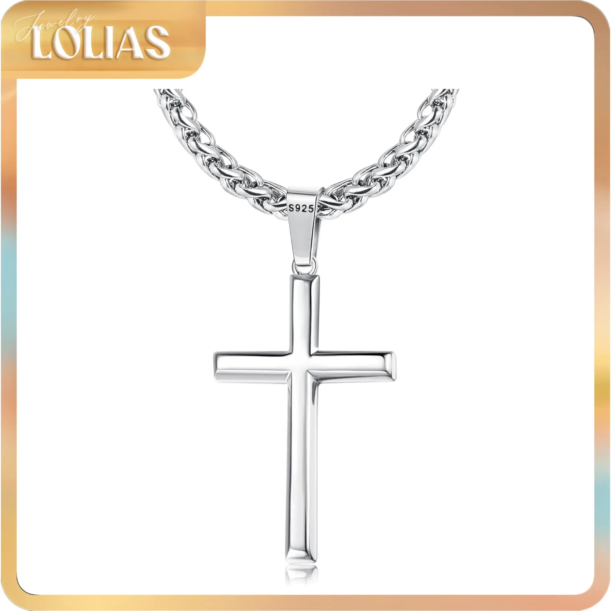 LOLIAS Silver Cross Necklace for Men Women 925 Sterling Silver Cross Pendant with 3mm Durable Stainless Steel Wheat Cross Chain, Crucifix Pendant Mens Cross Necklace Jewelry, 16-30 Inches, Cross Charm Necklace, Cross Design Pendant