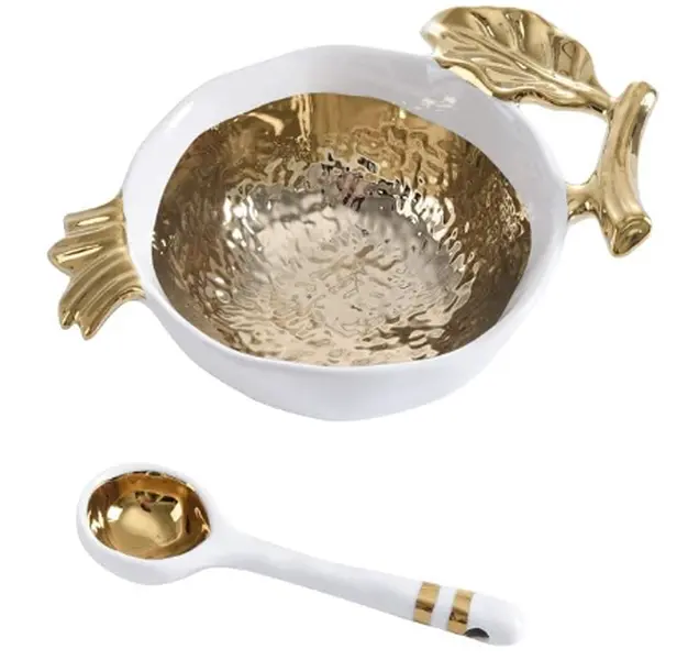 Pampa Bay Get Gifty Bowl and Spoon Set, Gold Pomegranate NEW
