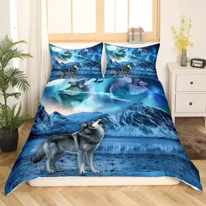 Wolf Full Size Wolves Howling Duvet Cover,Decor Aurora Moon Wolf Bedspread Cover,Bedroom Mountain Quilt Cover,3Pcs,No Comforter