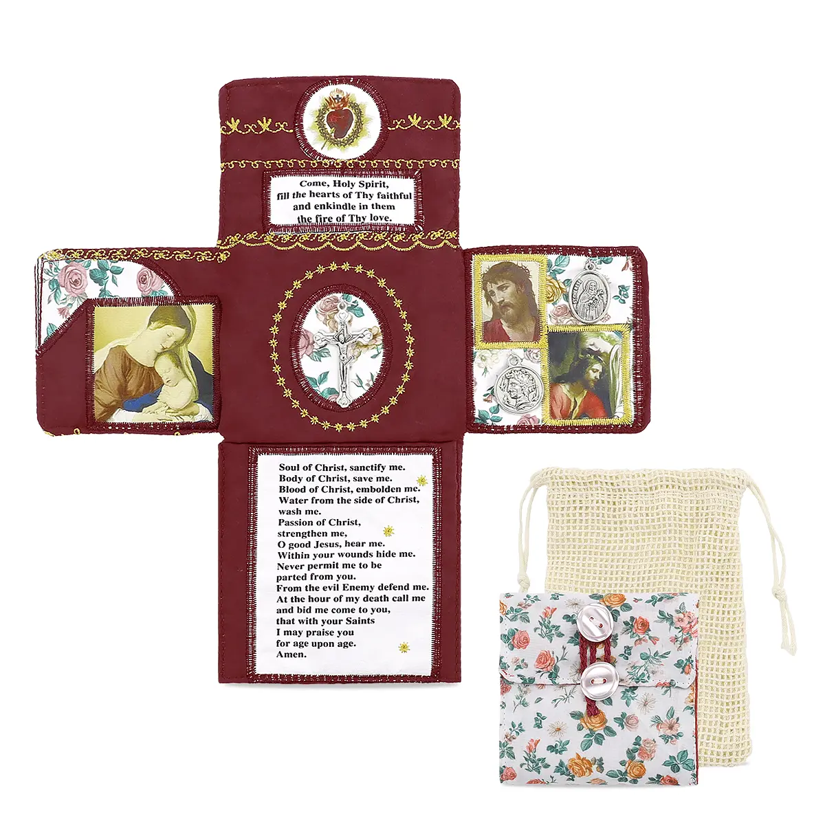Handmade Catholic Prayer Pocket – Sacred Heart & Virgin Mary Crucifix with Prayer Card | Vintage Fabric Travel Blessing Bag for Home Altar, Hospital Visits, Gift for Mom & Grandma | Religious Comfort, Healing Faith, Spiritual Communion | Drawstring Sack
