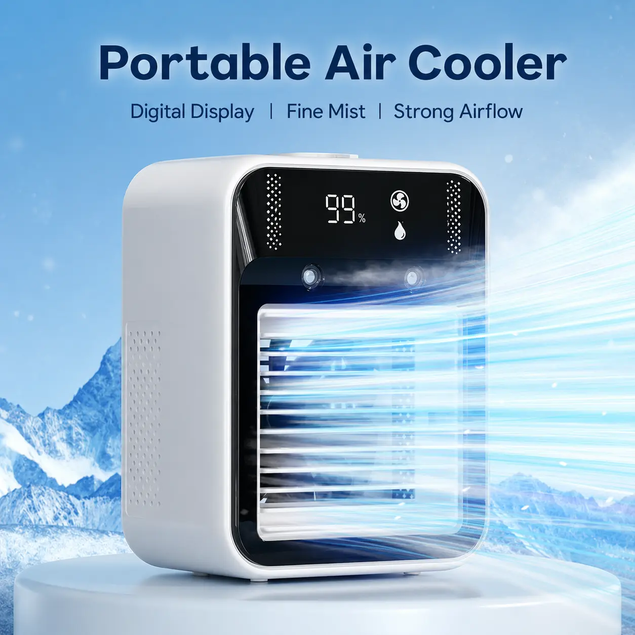 Portable Air Cooler with LCD Display, Mini Evaporative Desk Fan with Fine Mist Humidifier, 16.9 fl oz Water Tank, 2 Wind Speeds, USB Powered Personal Cooling Fan for Bedroom Office Desktop