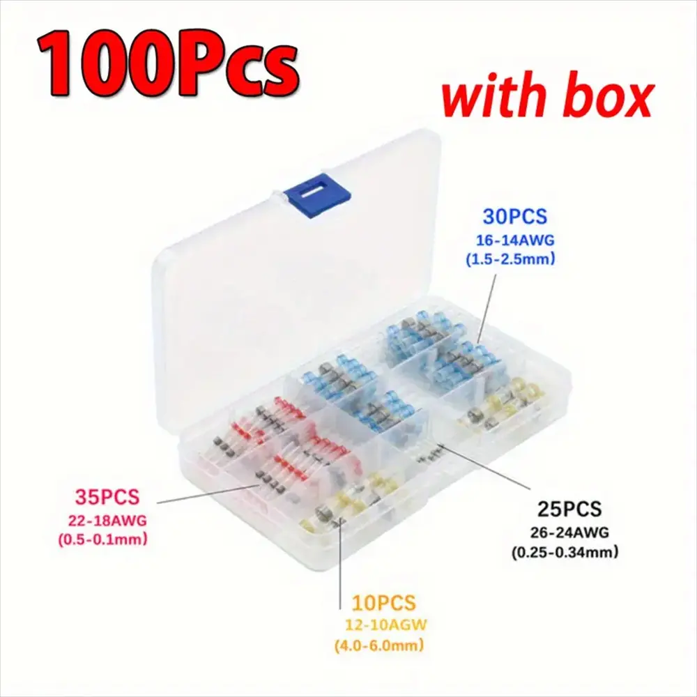 100pcs Heat Shrink Welding Caps, Thickened Weld Rings, Wire Crimp Connectors with Terminal Boxes, Durable Insulated Organized Reliable Convenient Cable Management Kit, Crimp Terminals, Wire Splice Connectors, Crimping Terminals
