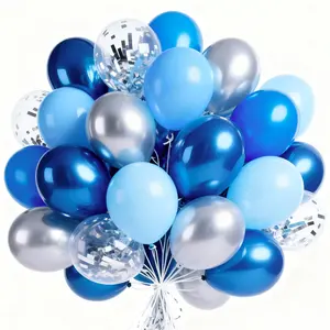 PartyWoo Blue and Silver Balloons 66pcs 12 Inch Light Pastel Baby Metallic Pearl Blue Metallic Chrome Silver Confetti Balloons for Birthday Party Decorations