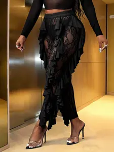 New Spring Summer Fall Lace Transparent Pants, High Waist Multi-Layer Ruffle Slim Fit Bell Bottoms, Valentine's Day Party