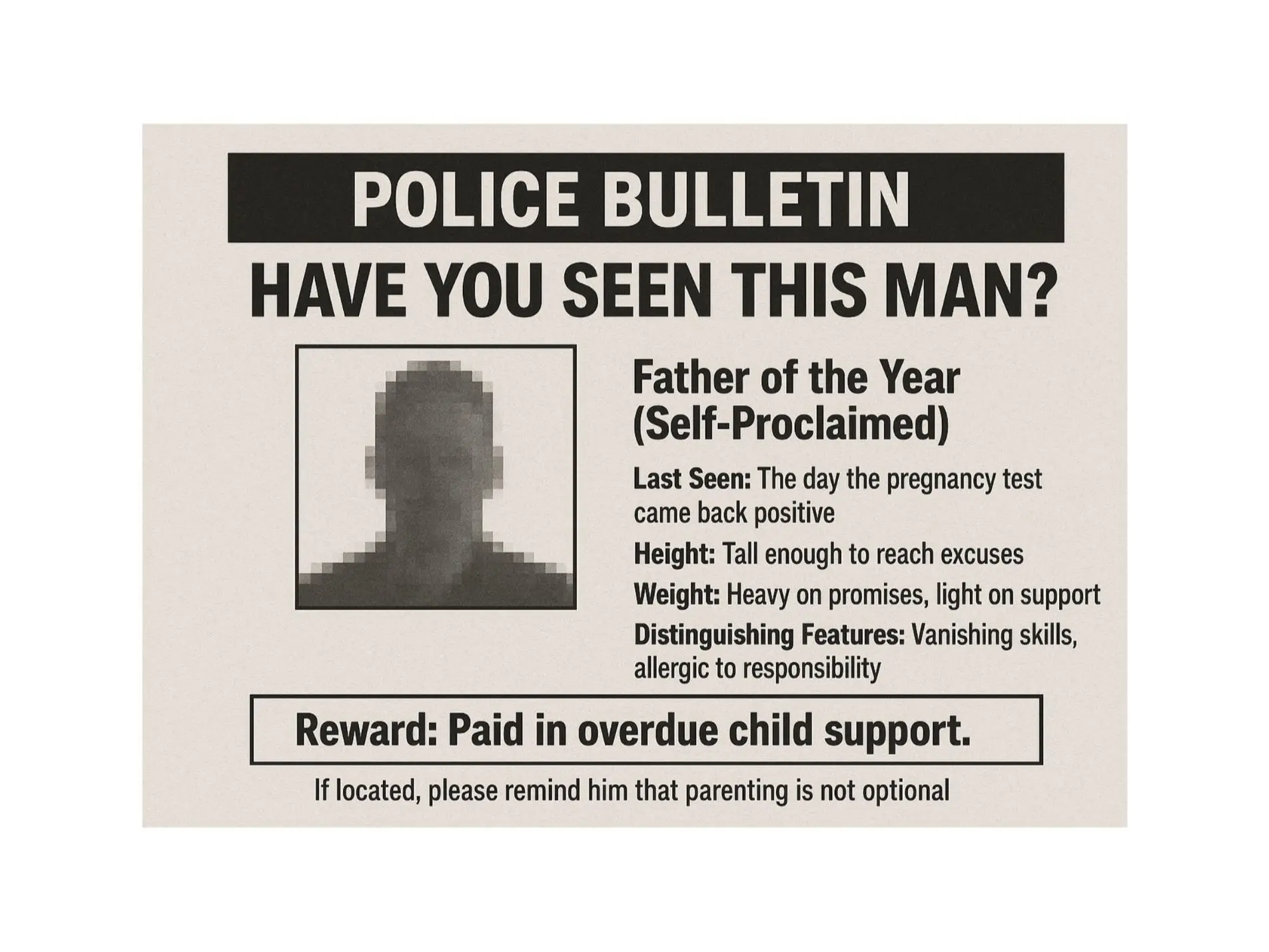 Funny Anonymous Prank Postcard – “Have You Seen This Man?” Deadbeat Dad Missing Person Poster