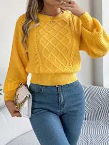 Autumn Winter Casual Plain Crewneck Cable Knitted Sweater Round Neck Lantern Long Sleeve Knitwear Tops Yellow Black White Red Fitted Fall Sweaters,2026 Fashion Women Outfits