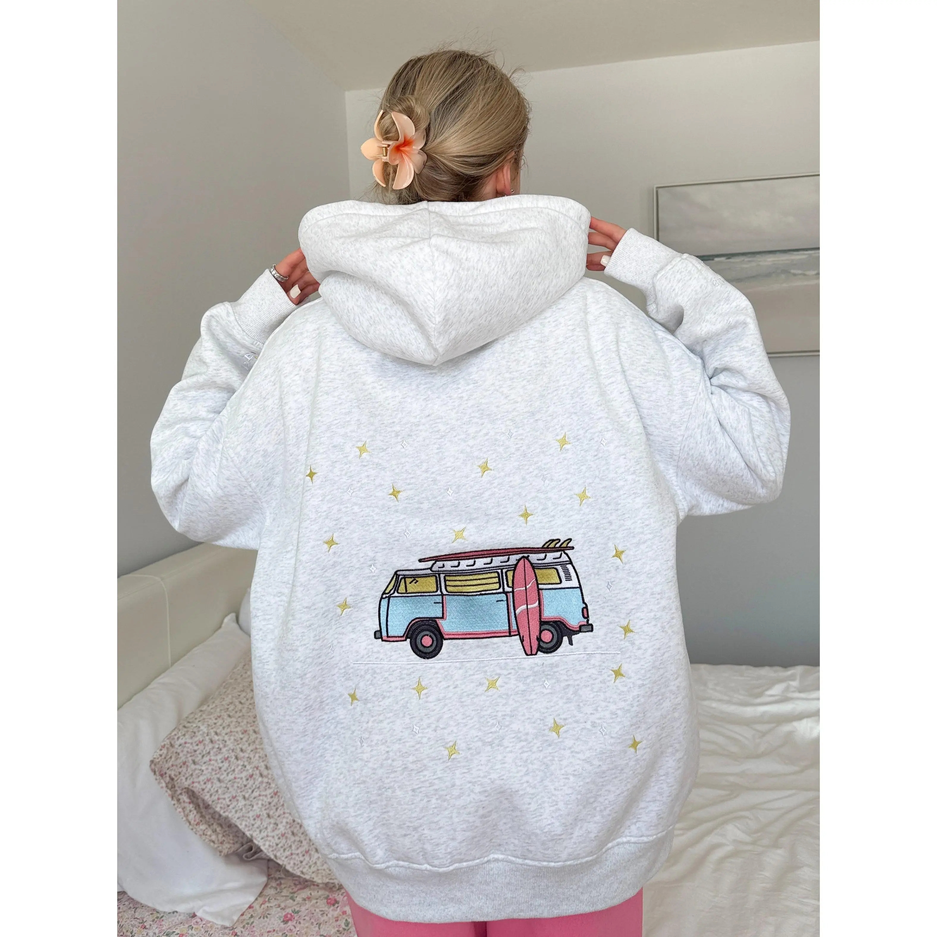 Pearl Grey Embroider Van Star Hoodie