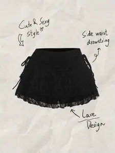 Women's Spring Summer Fashion Short Lace Drawstring Skirt, Elegant Half-Sleeve Design, Comfortable for Daily Commute & Casual