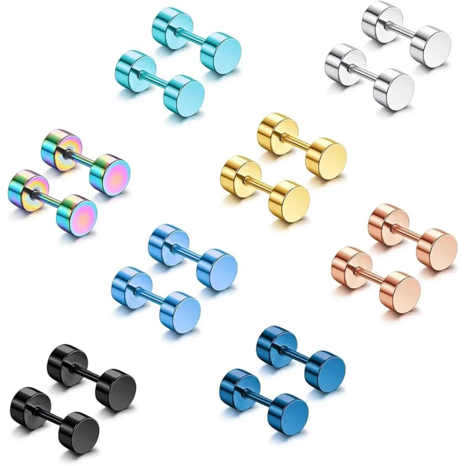 FLORIDECO Unisex Hypoallergenic 8-Pair Surgical Steel Dot Stud Earrings - Screw Flat Back Screws, Multi-Size Sets (4mm Gauges/6mm/8mm) Faux Gauge Round Disc Ear Plug Tunnels, Earring Stacking Set for Daily Wear, Dot Studs