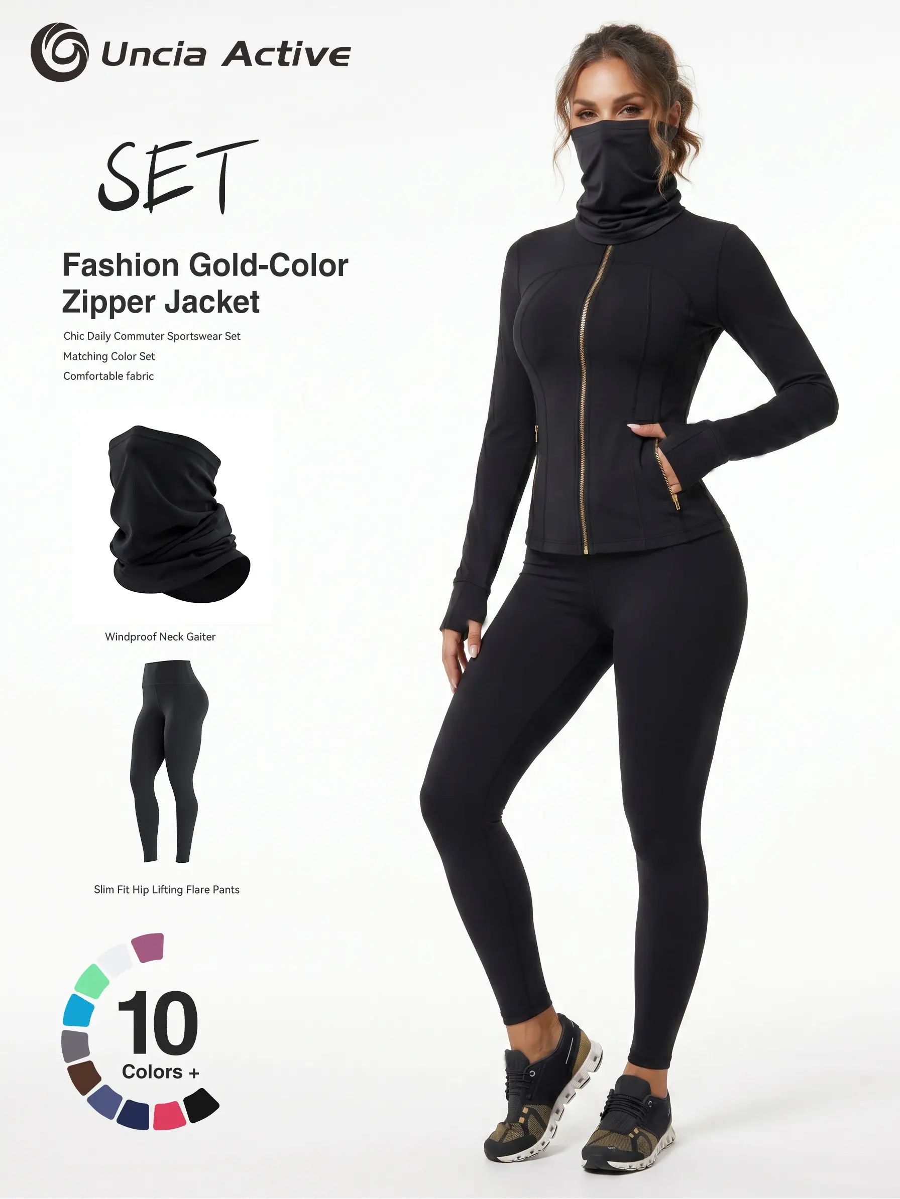 Women's 2-Piece Sportswear Set, Slim Zip-Up Stand Collar Athletic Jacket with Thumb Holes, High-Stretch Butt-Lifting Tight Yoga Pants
