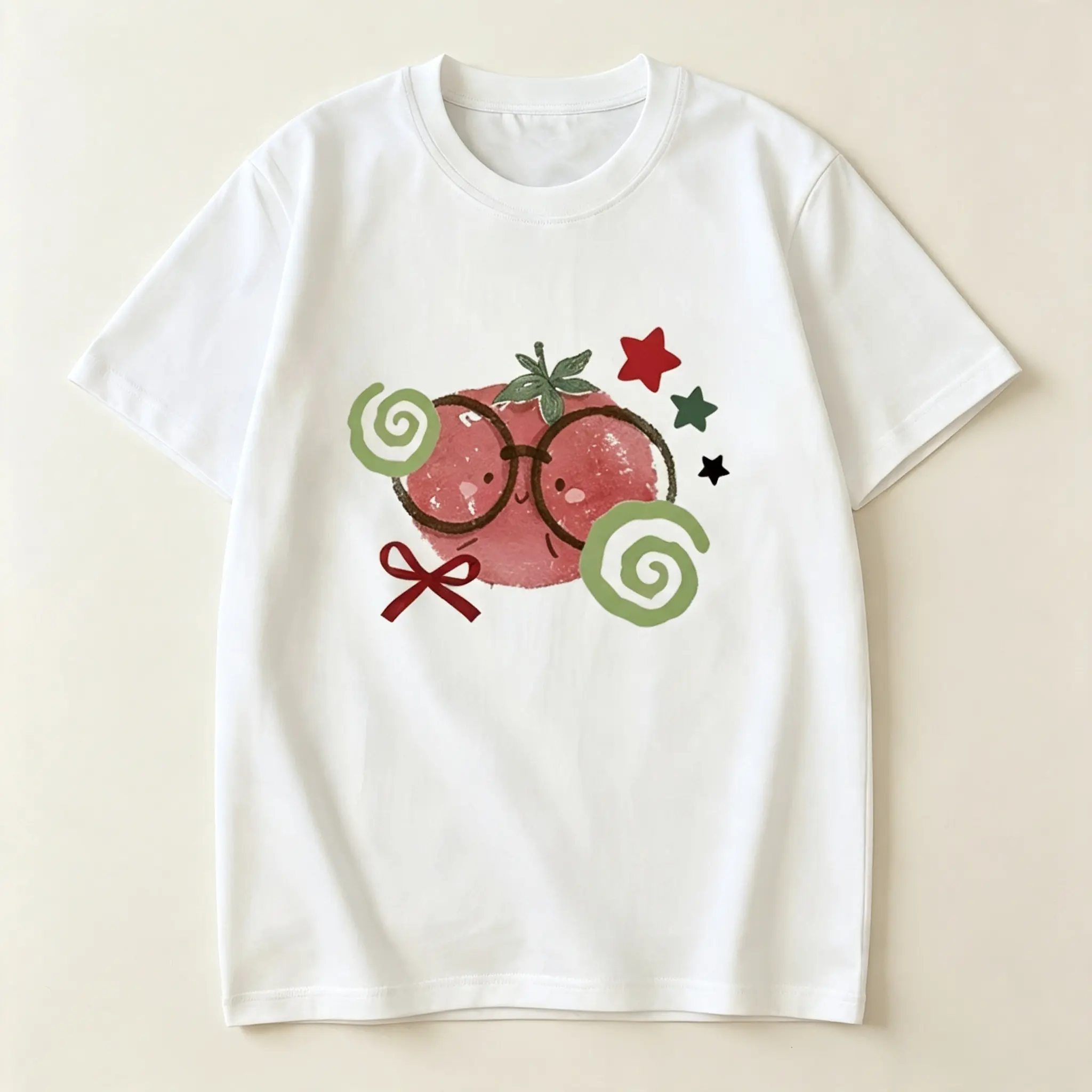 Women's Casual Loose Short-Sleeve Crew-Neck Sports T-Shirt with Cute Cartoon Tomato Graphic