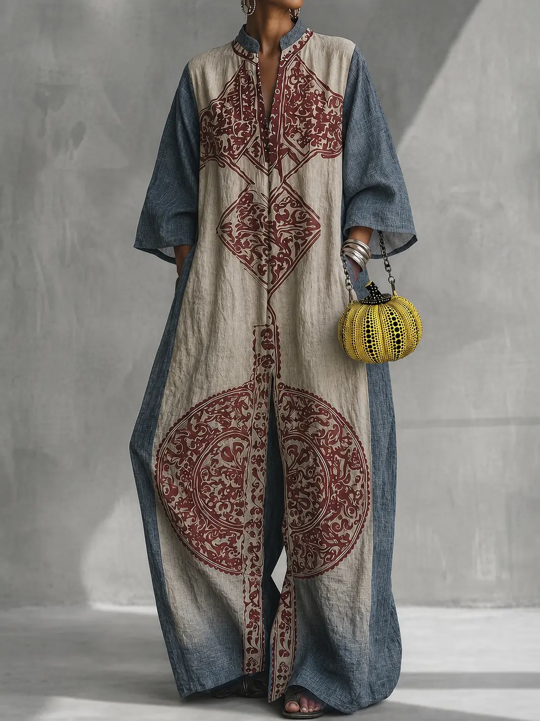 Women's New Casual Oversized Vintage Ethnic Print Patchwork Jumpsuit, Back Zip Loose Fit Long Pants Jumpsuit