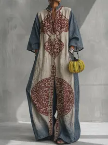 Women's New Casual Oversized Vintage Ethnic Print Patchwork Jumpsuit, Back Zip Loose Fit Long Pants Jumpsuit