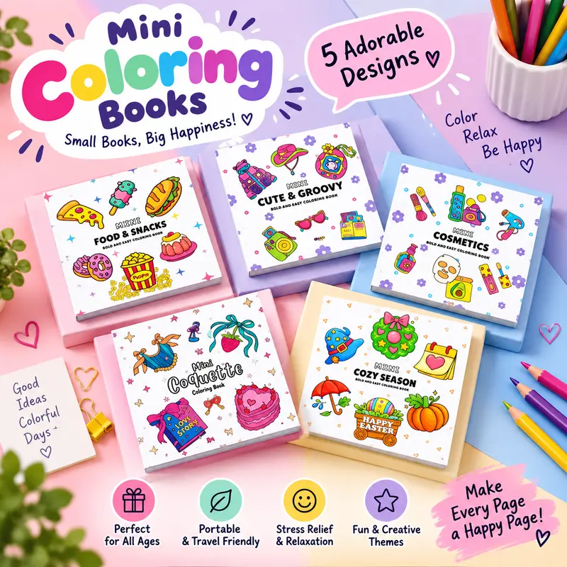Halloween Fall Gift 5-Piece Mini Coloring Book Bundle for Stress Relief with Protective Sheet