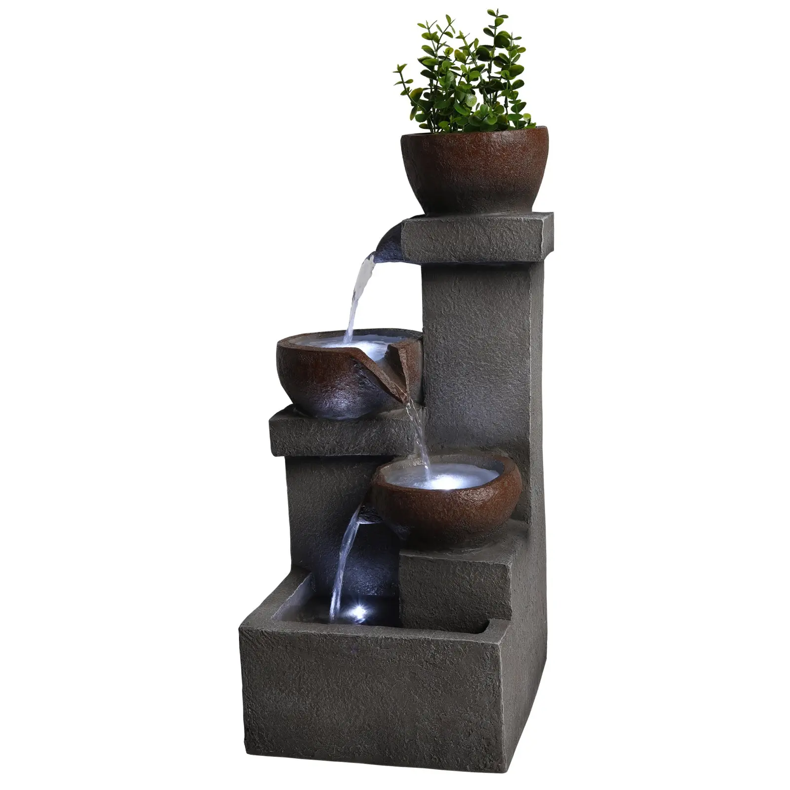 23.6" Gray Multi-Tier Jar Outdoor Fountain, Tiered Cascading Water Feature with Planter Top, LED Lights & Decorative Flow – Resin Garden Decor for Home Improvement