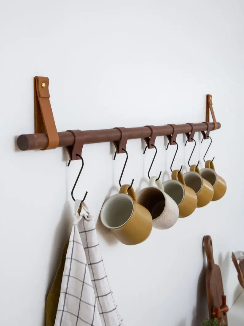 Hanging Storage Kit kitchen pot rack rod hooks for mugs kitchen utensil rail organizer leather & brass towel holder minimalist hooks decor