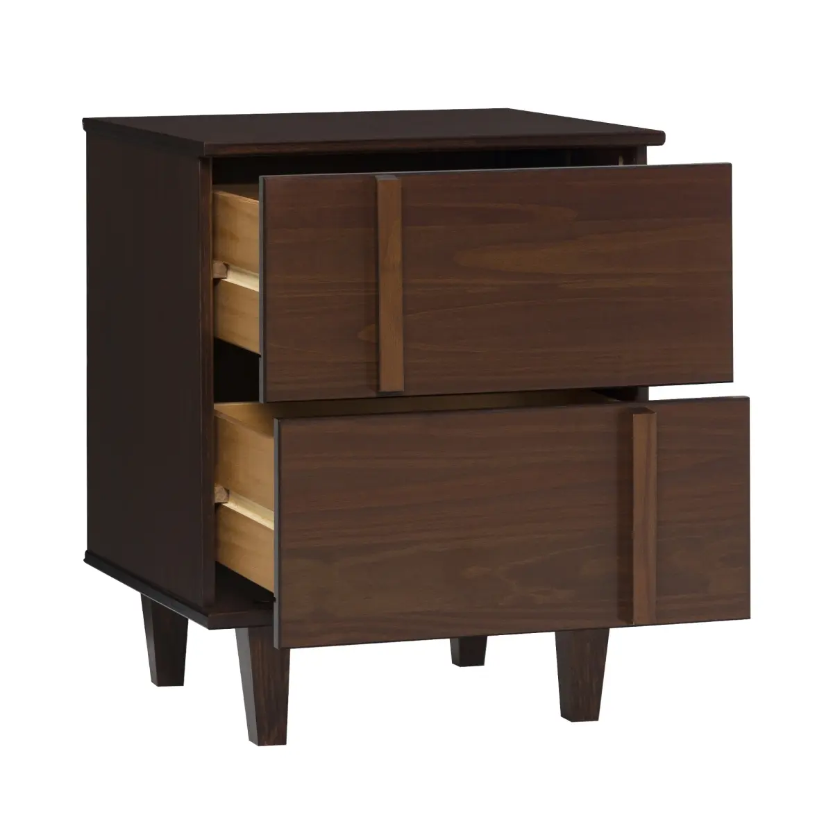Walker Edison Midcentury Modern Solid Pine Nightstand Table - Single Unit, Responsibly Sourced from Reable Forests, 24x15x20 in, Walnut Finish, Model BR20BRXNSWT, Nightstands with Drawer, 2 Drawers, Vertical Detail, Two Drawers, Assembly Required