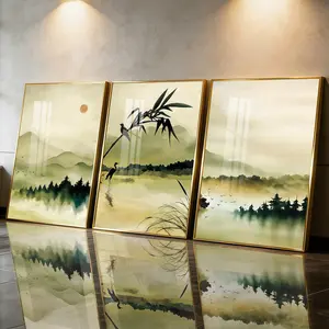 3 Count Aluminum Alloy Frame Canvas， Fashion Poster Chinese Ink Landscape Mountains Lake Crane Bamboo， Modern Living Room Decoration， Light Luxury Family Art， Suitable For Bedroom， Corridor And Office Wall Decor， Gift