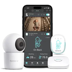 Sense-U Pro Smart Baby Monitor Bundle with 2.5K QHD Pan-Tilt-Zoom Camera: Tracks Breathing Movement, Rollover & Overheating with Cry Detection, Background Audio, Security Wi-Fi Video Camera