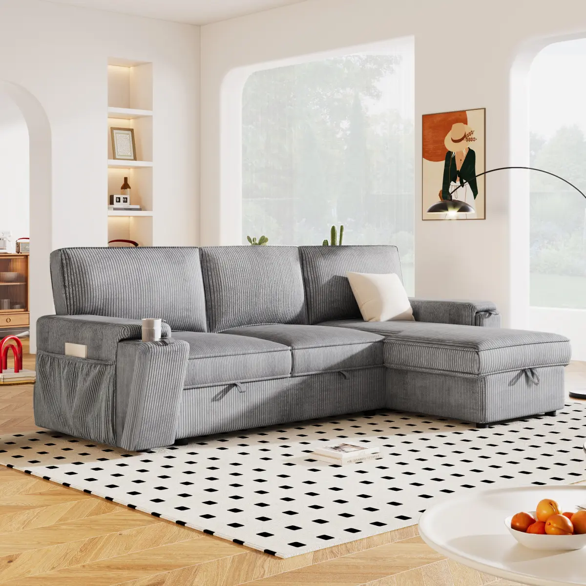 96" 3-Seat L-Shaped Convertible Sleeper Sofa with Twin Size Pull Out Bed, Corduroy Upholstery, Storage Chaise, Cup Holders & Pockets for Small Apartment, Living Room, Gray, Twin Size Bed, Three Seats