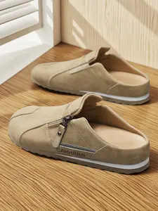 Men's Breathable Linen Slip-On Mules, Casual Backless Loafers with Side Zipper, Lightweight Non-Slip Slippers for All Seasons