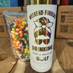 Polar Camel 22oz Skinny Tumbler, prism colors with slider lid. Drinking with a chance of golf and bag of freeze dried candy