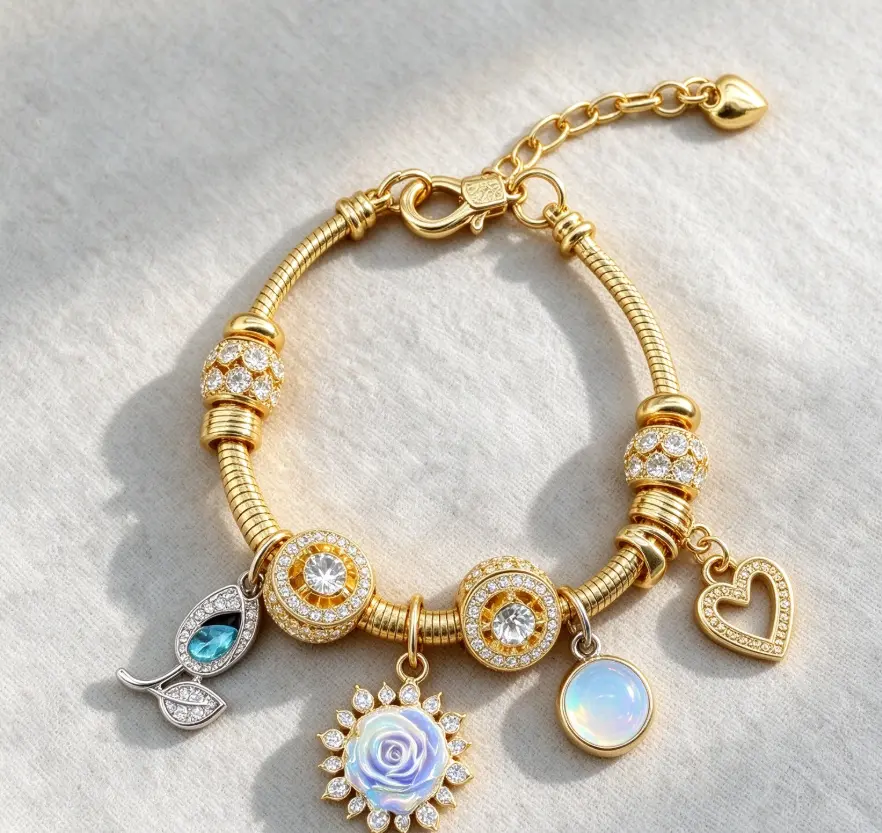 Women's Adjustable Gold-Plated Rose Opal Heart Charm Bangle with Crystal Pendant Beads