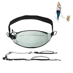 Hands Free Dog Leash with Pouch, Reflective Crossbody Waist Pouch, Adjustable Dog Leash 3.6-6.5ft with Detachable Car Safety Buckle,Adjustable Waist Blet 31.5-47.2" for Dog Walking (Grey)