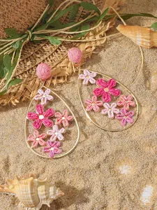 Handwoven Pink Raffia Flower Teardrop Drop Earrings, Boho Floral Statement Earrings with Gold-Tone Frame for Women, Lightweight Summer Design, Perfect for Beach Vacations, Weddings, Festivals & Daily Wear, Trendy Vacation Jewelry