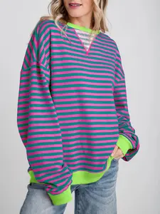 FISOEW Womens Striped Oversized Sweatshirt Color Block Crew Neck Long Sleeve Shirt Casual Loose Pullover Top Y2K Clothes Hoodie denimtearhoodie pink palm zip hoodie graphic zip Leg Baggy Womenswear Cotton